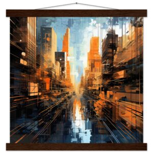 Abstract City Art Print with Hanger - 40x40 cm / 16x16″, Dark wood wall hanger