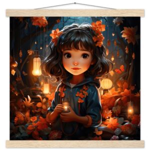Enchanted World - Girl - Art Print with Hanger - 40x40 cm / 16x16″, Natural wood wall hanger