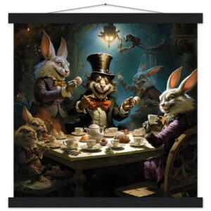 Mad Hatter's Tea Party Art Print with Hanger - 40x40 cm / 16x16″, Black wall hanger