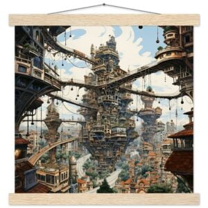 Surreal City Art Print with Hanger - 35x35 cm / 14x14″, Natural wood wall hanger