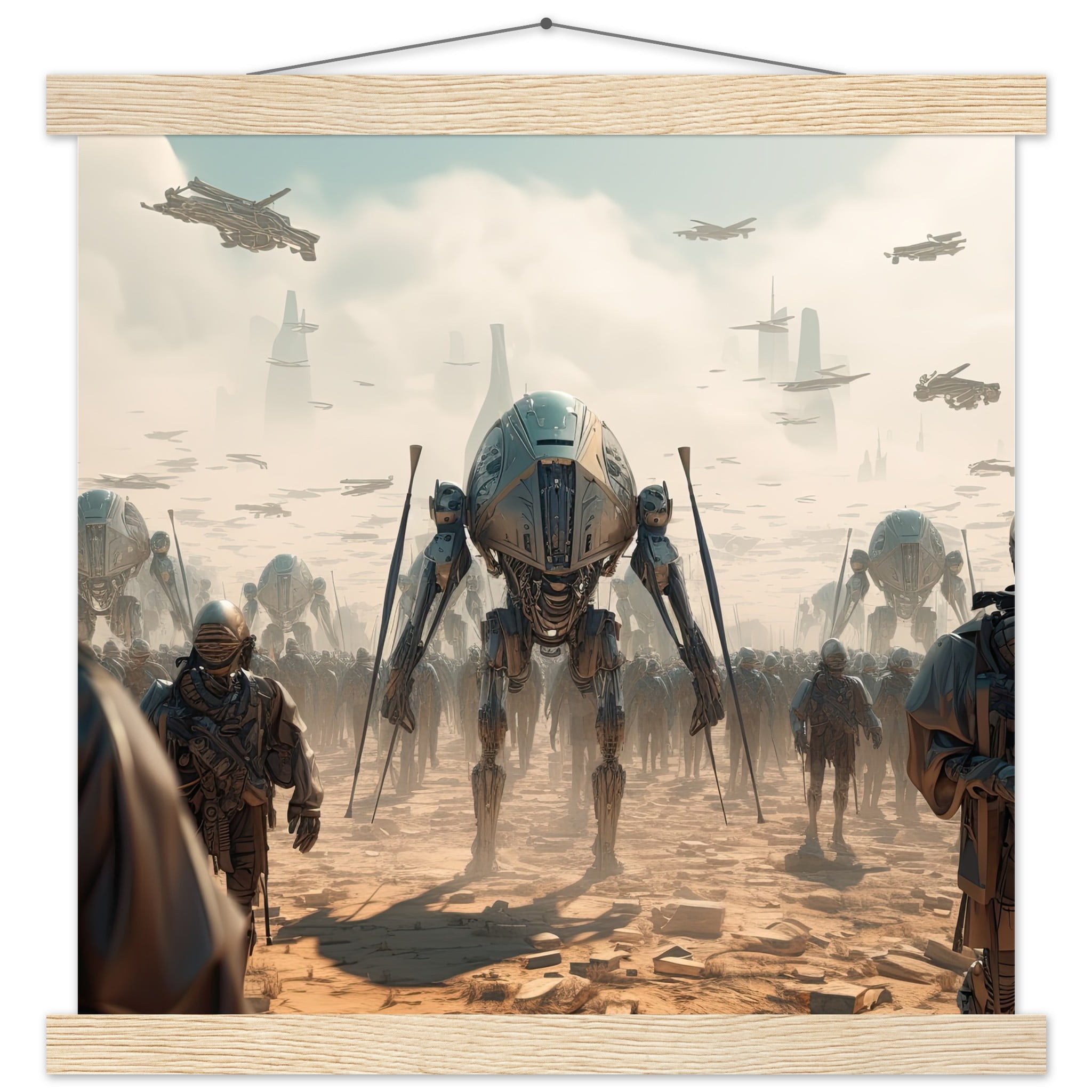 Future War Sci-Fi Art Print with Hanger – 35×35 cm / 14×14″, Natural wood wall hanger
