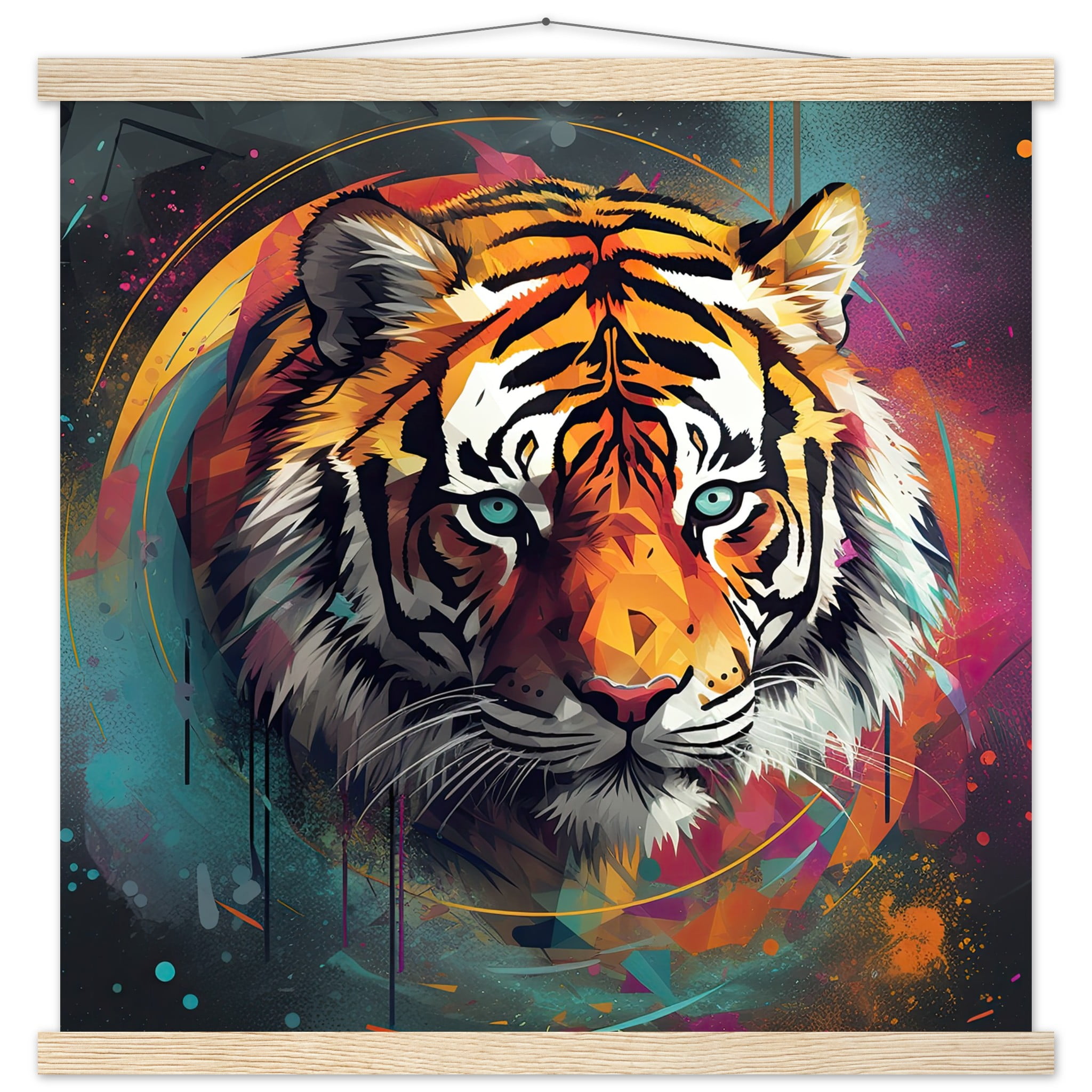 Tiger Colorful Abstract Art Print with Hanger – 50×50 cm / 20×20″, Natural wood wall hanger