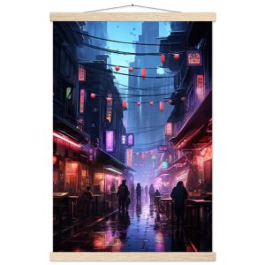 Cyberpunk Market Sci-Fi Art Print with Hanger - 40x60 cm / 16x24″, Natural wood wall hanger