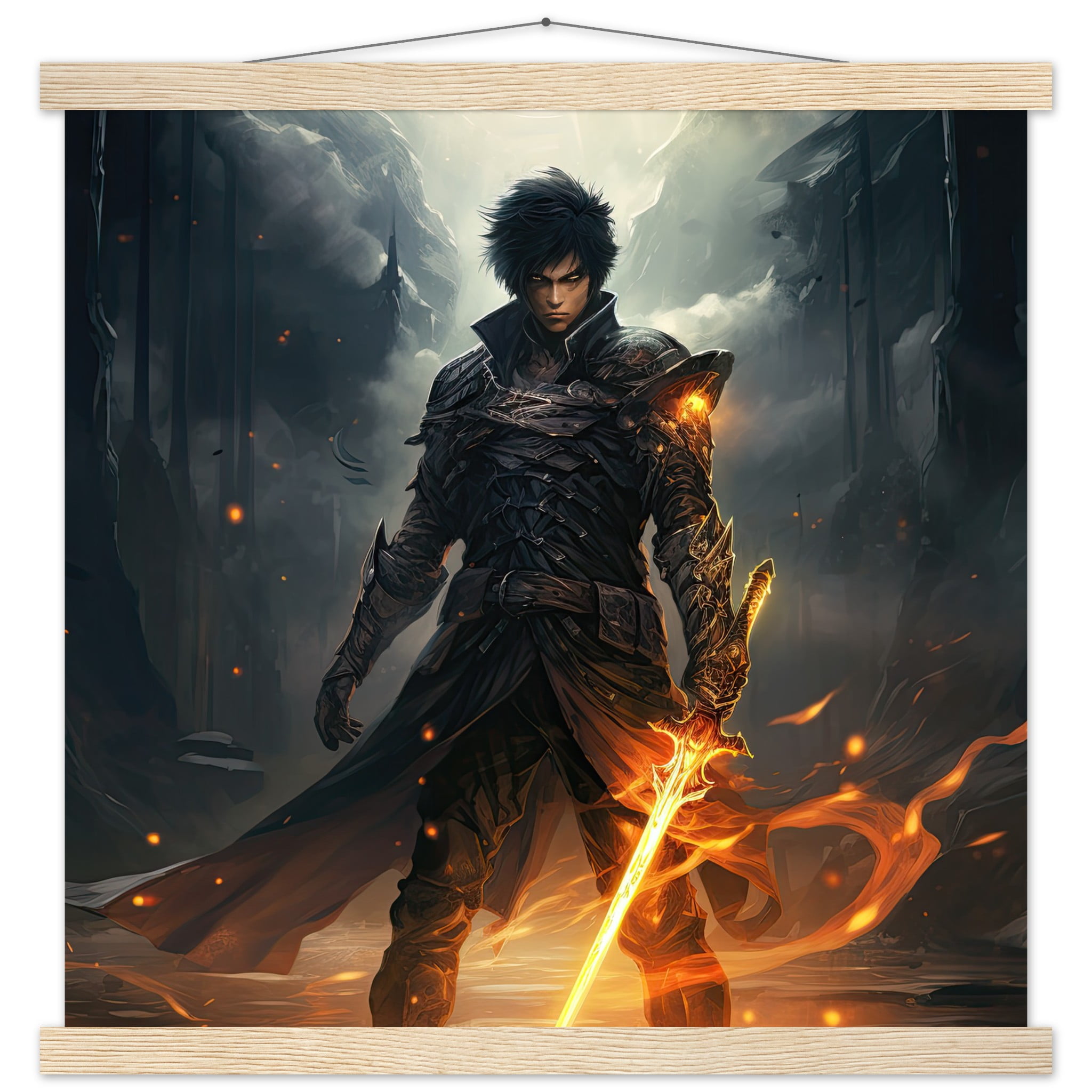 Male Anime Character – Flaming Sword – Art Print with Hanger – 45×45 cm / 18×18″, Natural wood wall hanger