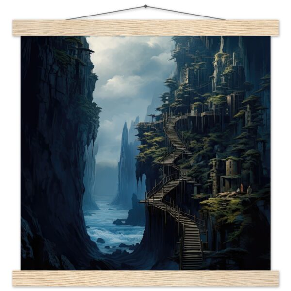 Cliffside Kingdom Landscape Art Print with Hanger - 35x35 cm / 14x14″, Natural wood wall hanger