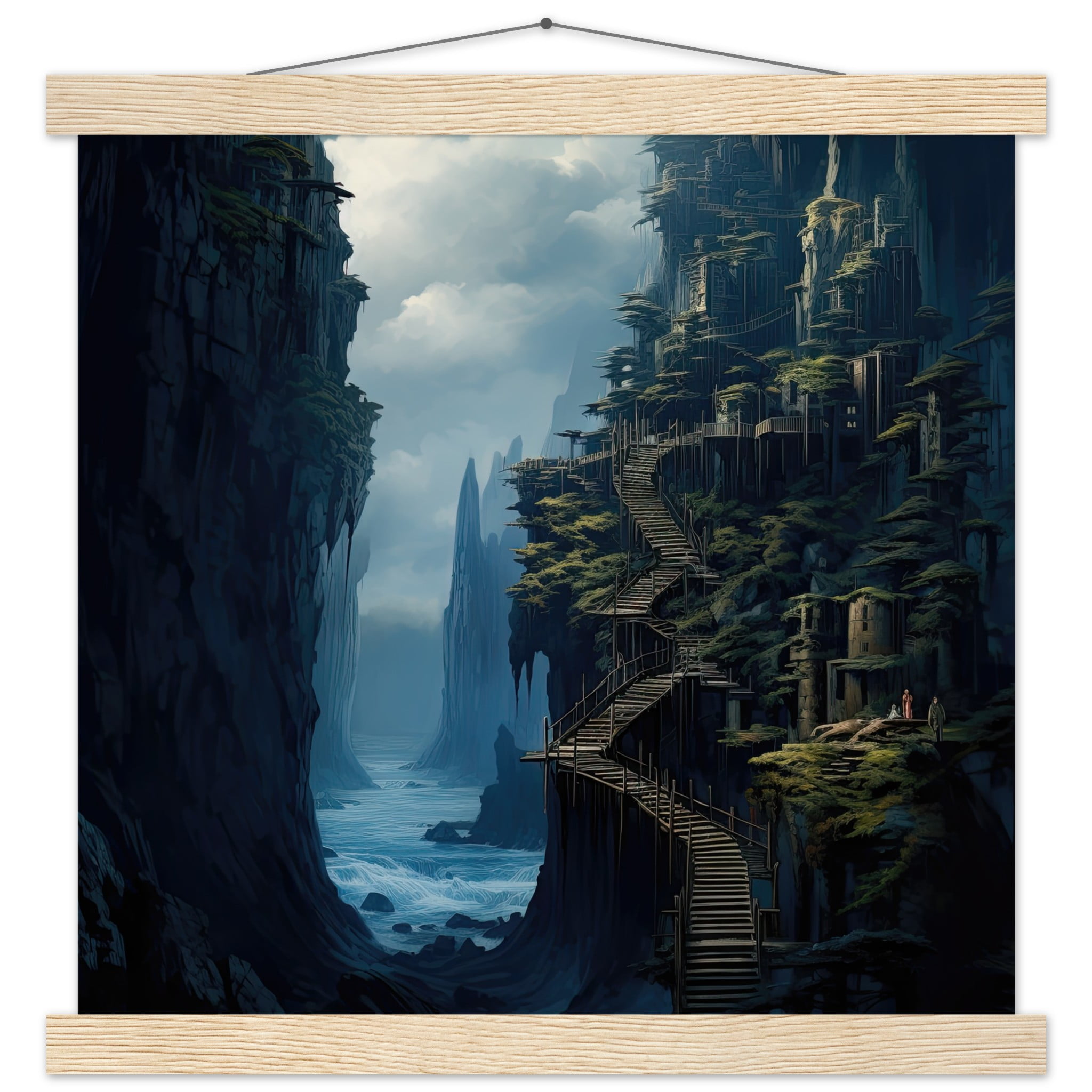 Cliffside Kingdom Landscape Art Print with Hanger – 35×35 cm / 14×14″, Natural wood wall hanger