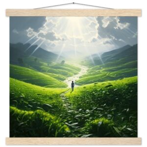 Daybreak - Fields of Green - Art Print with Hanger - 40x40 cm / 16x16″, Natural wood wall hanger