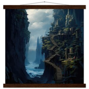 Cliffside Kingdom Landscape Art Print with Hanger - 45x45 cm / 18x18″, Dark wood wall hanger