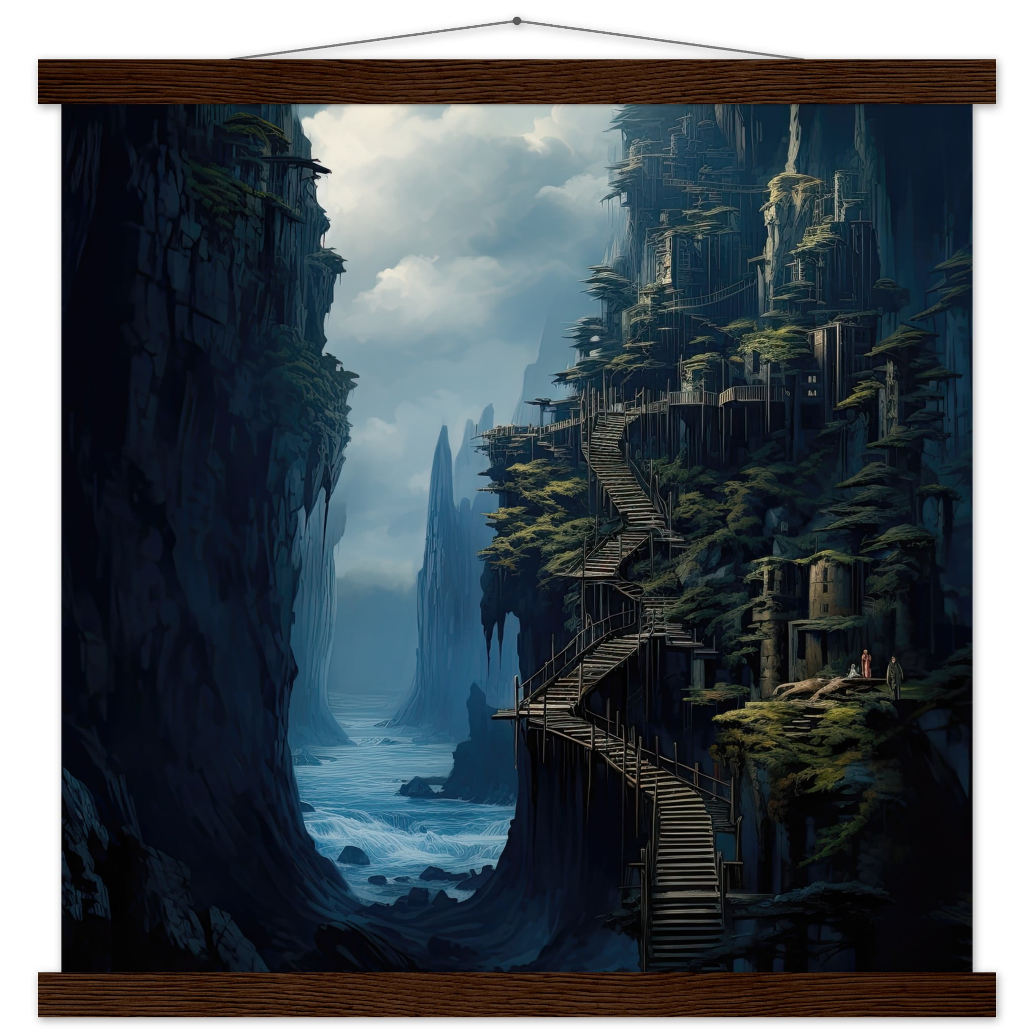 Cliffside Kingdom Landscape Art Print with Hanger – 45×45 cm / 18×18″, Dark wood wall hanger