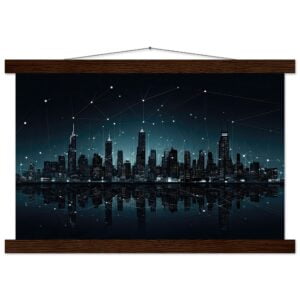 City Skyline Night Constellations Art Print with Hanger - 30x45 cm / 12x18″, Dark wood wall hanger