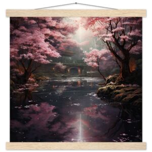 Secret Cherry Blossom Temple Art Print with Hanger - 40x40 cm / 16x16″, Natural wood wall hanger