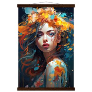 Girl Painted in Color Art Print with Hanger - 40x60 cm / 16x24″, Dark wood wall hanger