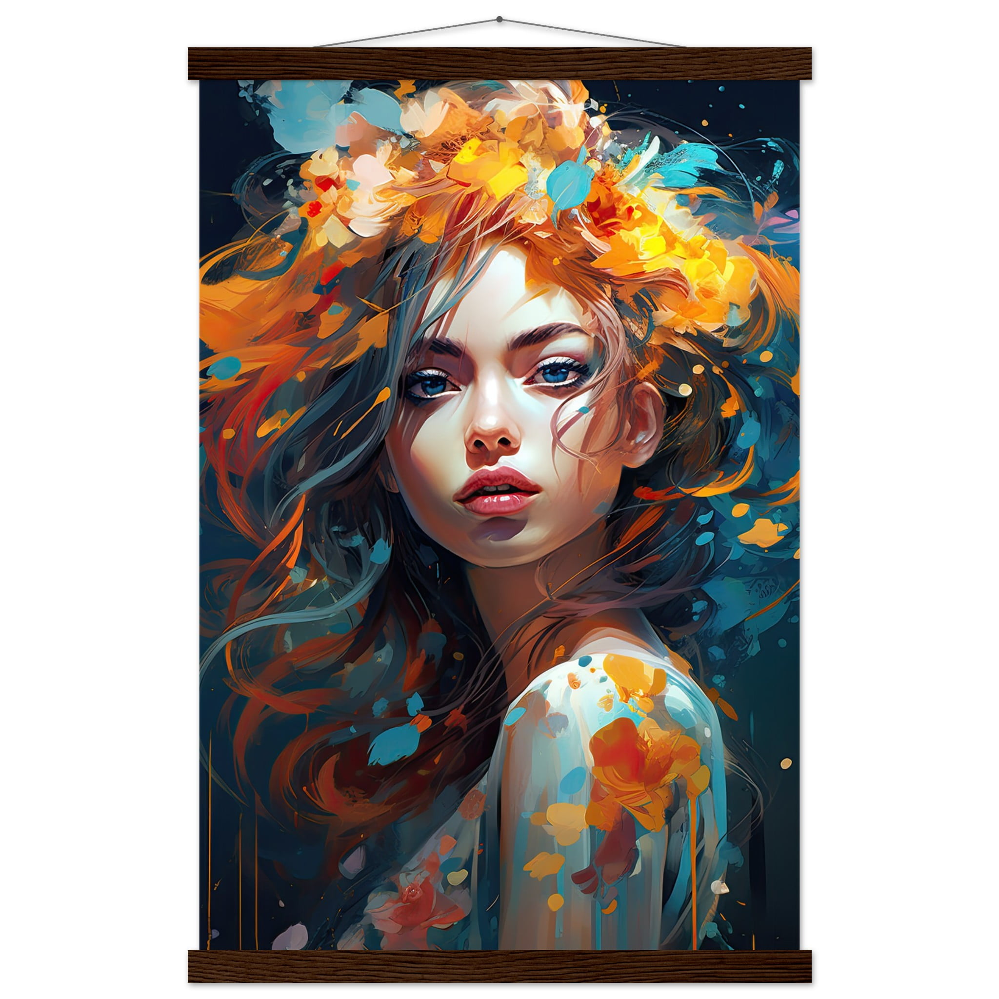 Girl Painted in Color Art Print with Hanger – 40×60 cm / 16×24″, Dark wood wall hanger
