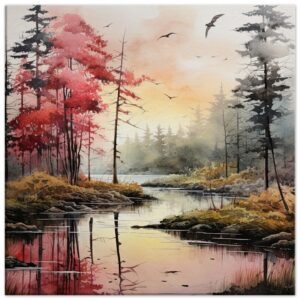 Red Lake Sunset - Watercolor Landscape Canvas Print - 50x50 cm / 20x20″, Thick