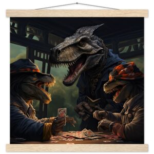 Tyrannosaurus Rex Poker Art Print with Hanger - 40x40 cm / 16x16″, Natural wood wall hanger