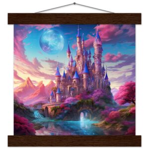 Colorful Fairy Tale Castle Art Print with Hanger - 25x25 cm / 10x10″, Dark wood wall hanger