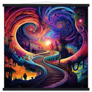 Trippy Colorful Adventure Art Print with Hanger - 70x70 cm / 28x28″, Black wall hanger