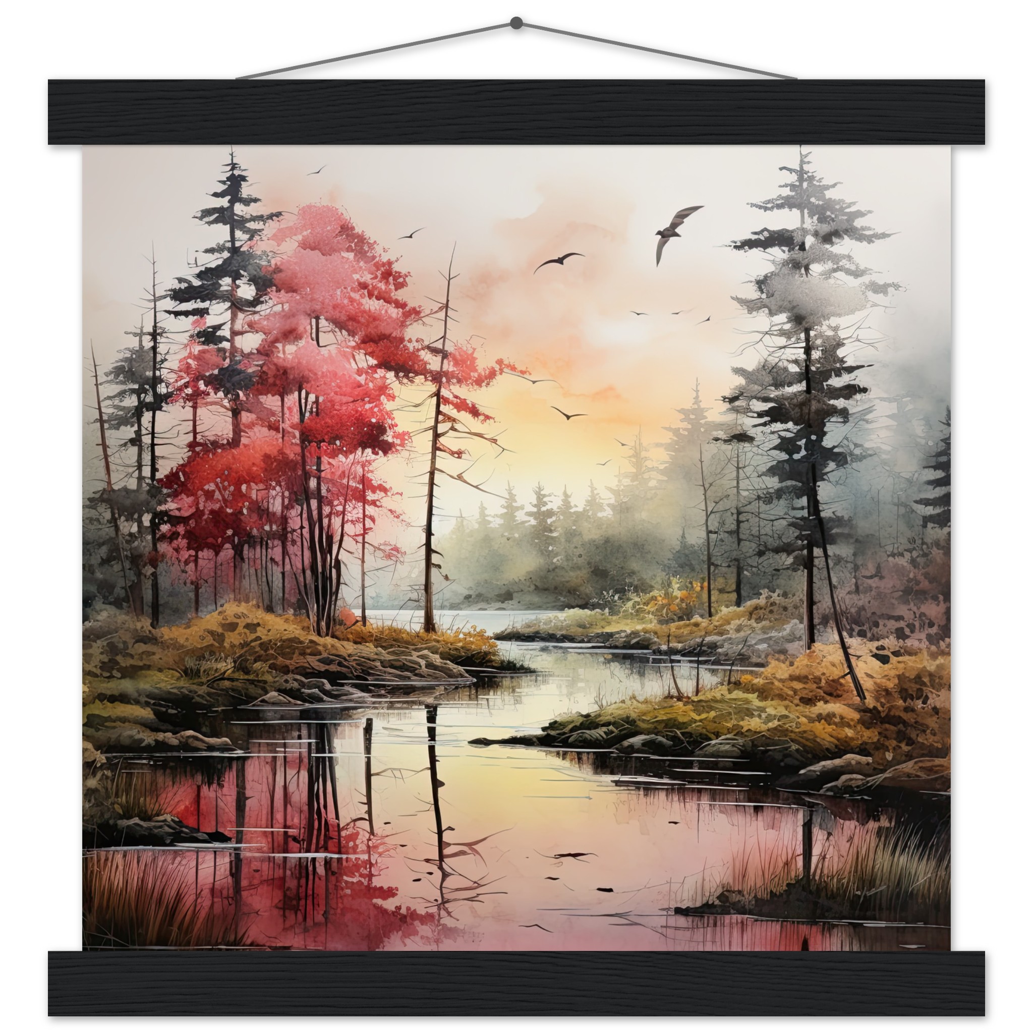 Red Lake Sunset – Watercolor Landscape Print with Hanger – 30×30 cm / 12×12″, Black wall hanger