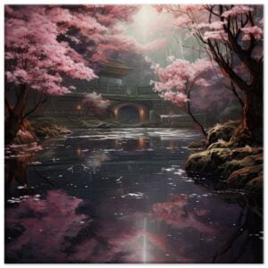 Secret Cherry Blossom Temple Canvas Print - 40x40 cm / 16x16″, Thick