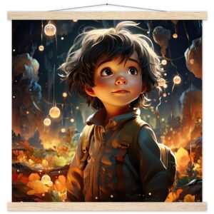 Enchanted World - Boy Adventurer - Art Print with Hanger - 50x50 cm / 20x20″, Natural wood wall hanger