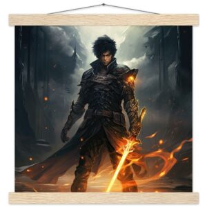 Male Anime Character - Flaming Sword - Art Print with Hanger - 35x35 cm / 14x14″, Natural wood wall hanger