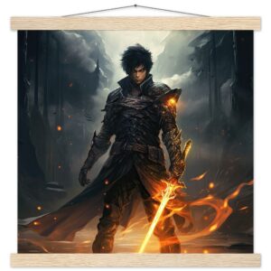 Male Anime Character - Flaming Sword - Art Print with Hanger - 40x40 cm / 16x16″, Natural wood wall hanger