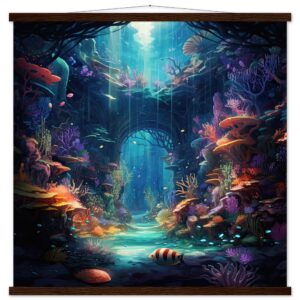Underwater Paradise Ocean Art Print with Hanger - 70x70 cm / 28x28″, Dark wood wall hanger