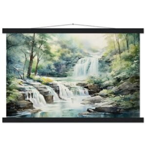 Serene Waterfall in Watercolor Art Print with Hanger - 40x60 cm / 16x24″, Black wall hanger