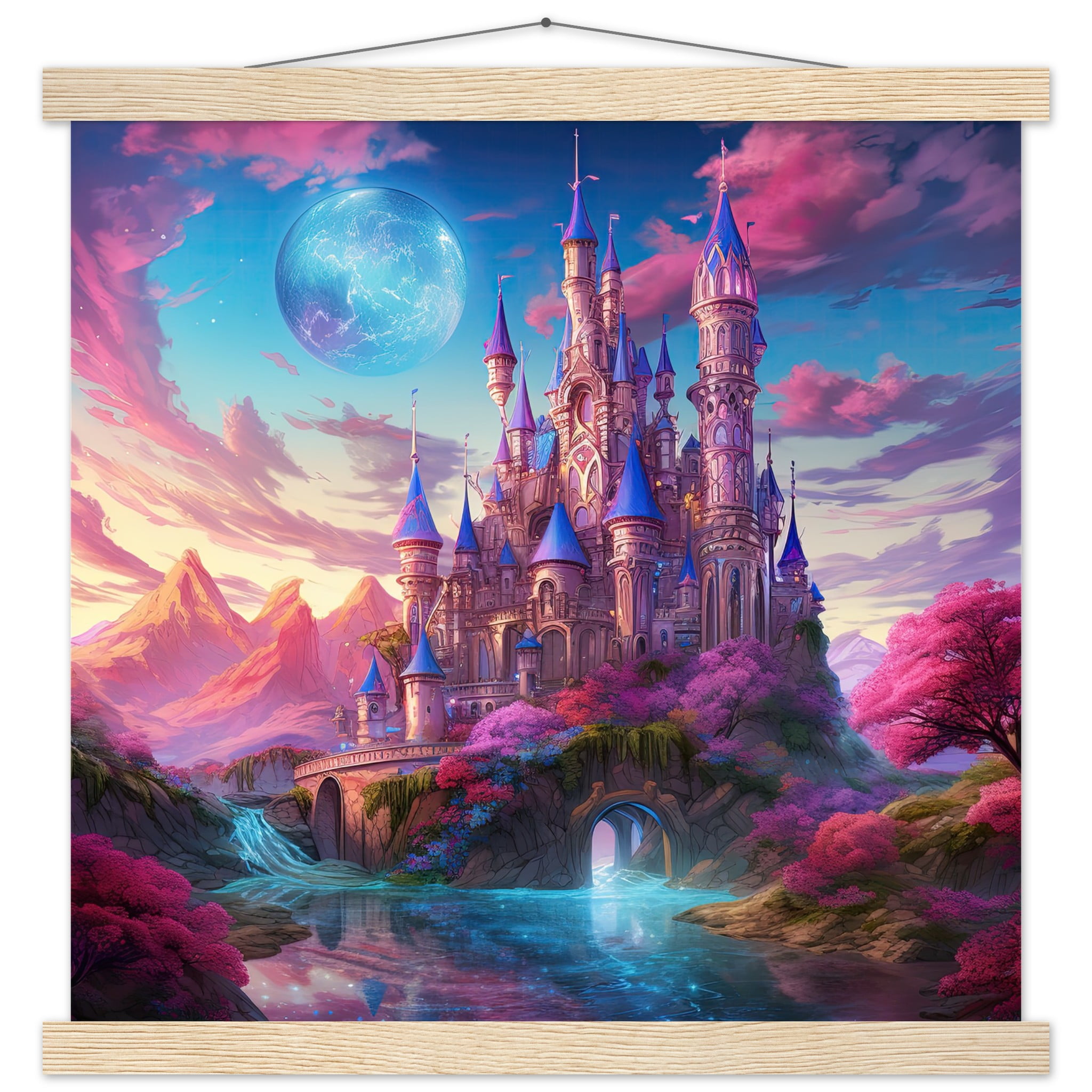 Colorful Fairy Tale Castle Art Print with Hanger – 40×40 cm / 16×16″, Natural wood wall hanger