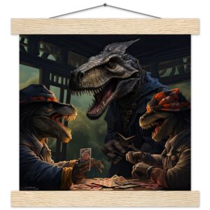 Tyrannosaurus Rex Poker Art Print with Hanger - 25x25 cm / 10x10″, Natural wood wall hanger