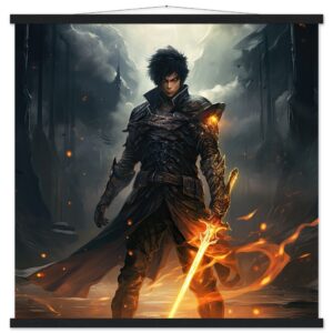 Male Anime Character - Flaming Sword - Art Print with Hanger - 70x70 cm / 28x28″, Black wall hanger