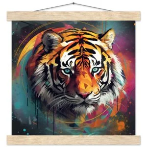 Tiger Colorful Abstract Art Print with Hanger - 30x30 cm / 12x12″, Natural wood wall hanger