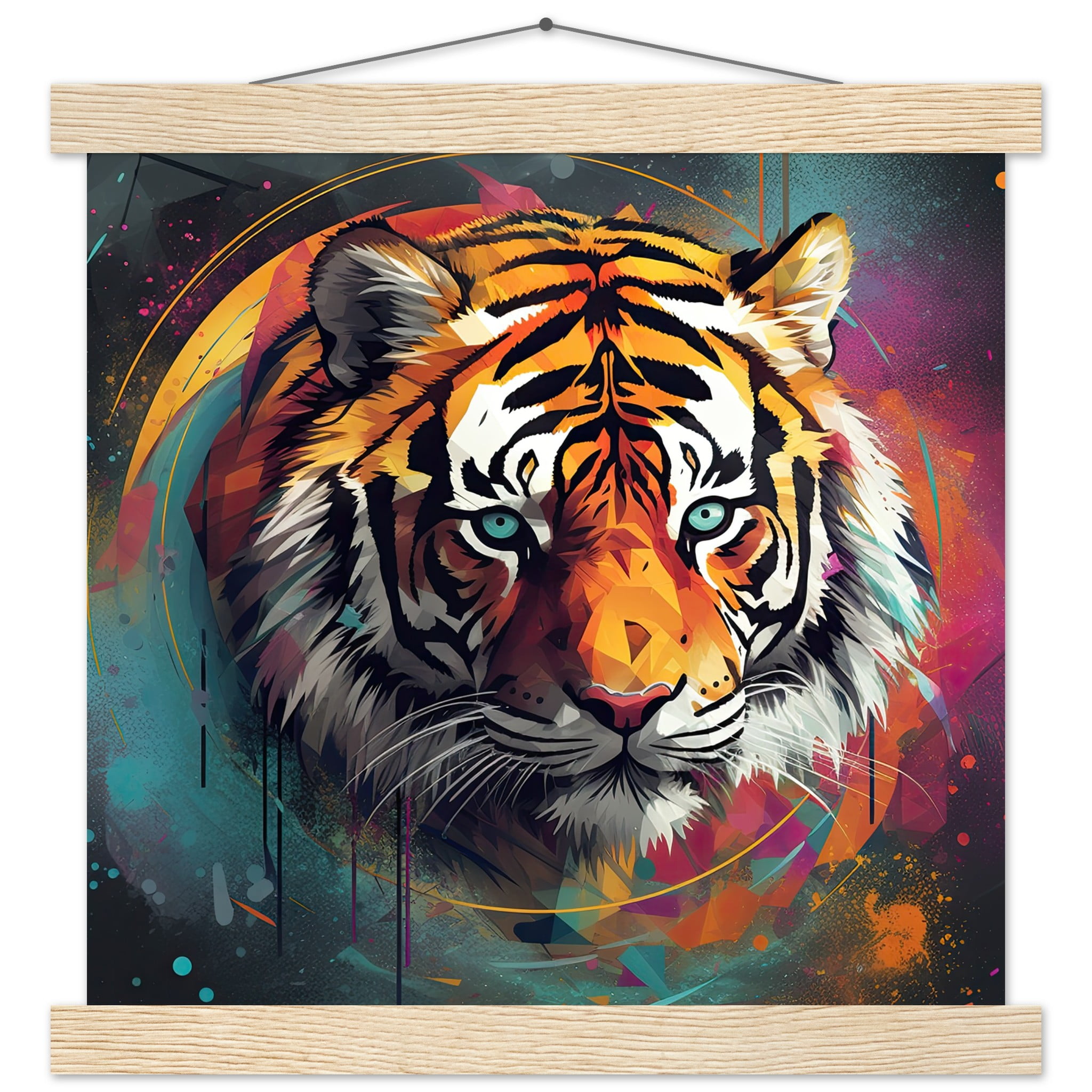 Tiger Colorful Abstract Art Print with Hanger – 30×30 cm / 12×12″, Natural wood wall hanger