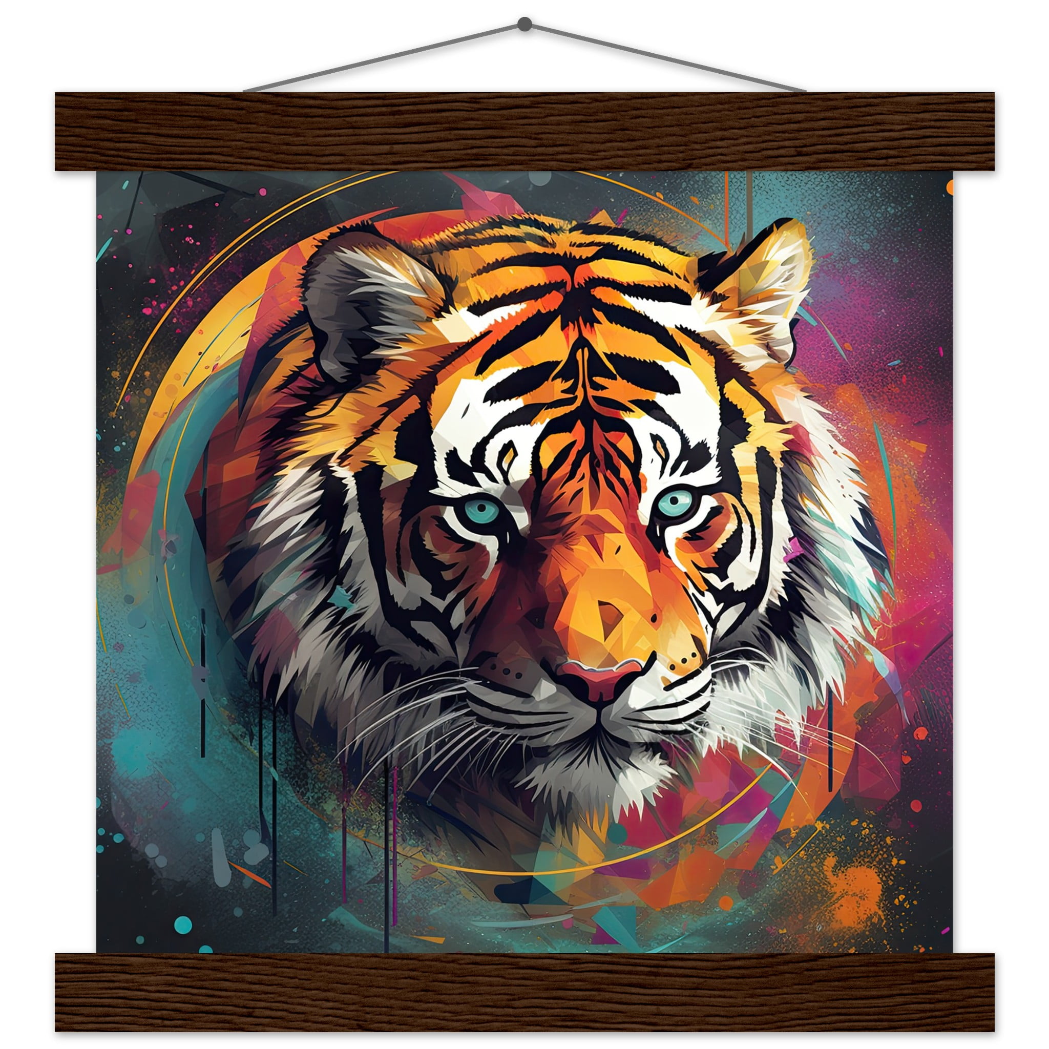 Tiger Colorful Abstract Art Print with Hanger – 25×25 cm / 10×10″, Dark wood wall hanger