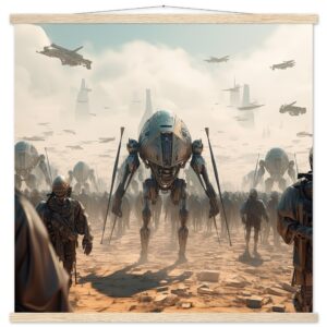 Future War Sci-Fi Art Print with Hanger - 70x70 cm / 28x28″, Natural wood wall hanger