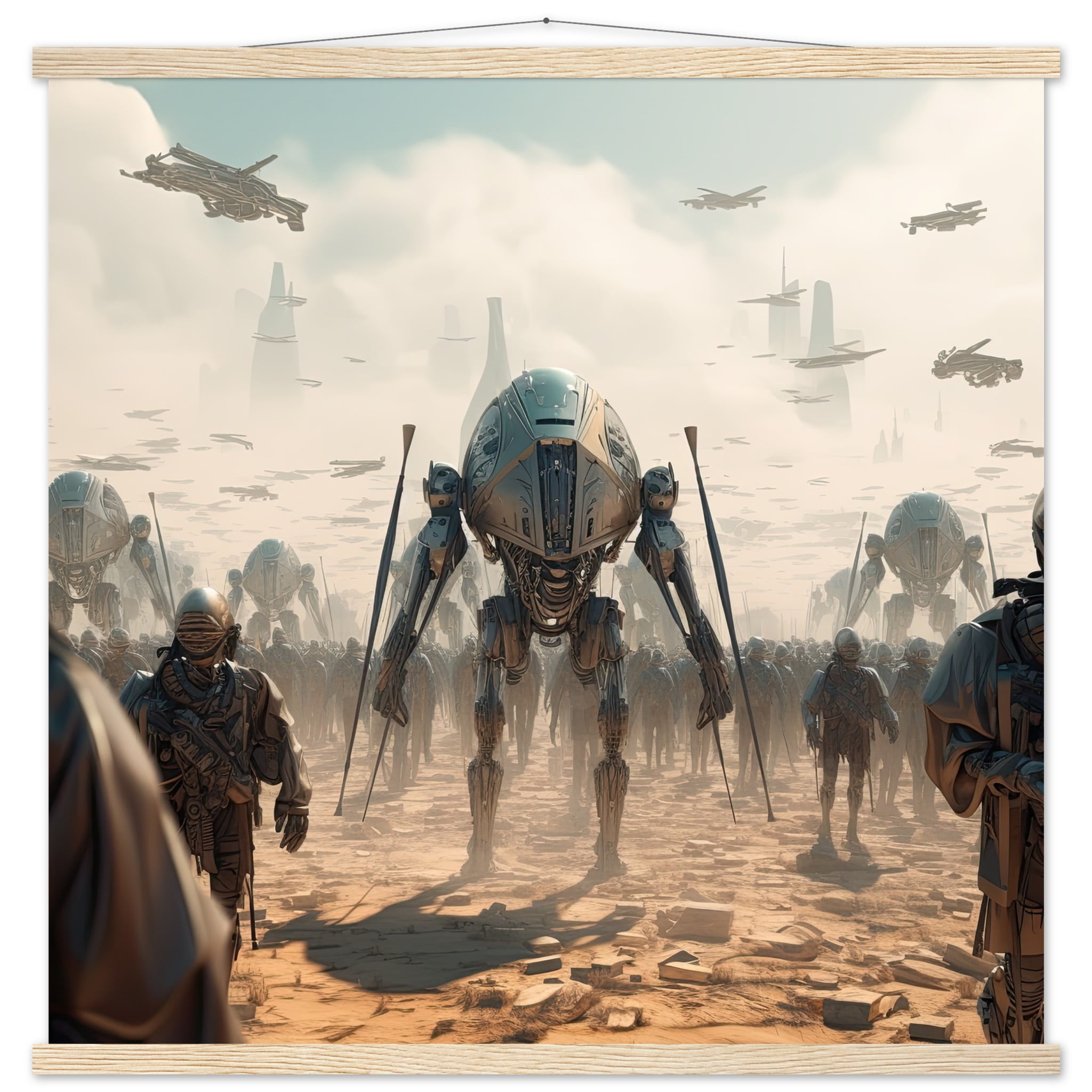 Future War Sci-Fi Art Print with Hanger – 70×70 cm / 28×28″, Natural wood wall hanger