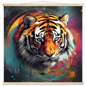 Tiger Colorful Abstract Art Print with Hanger - 70x70 cm / 28x28″, Natural wood wall hanger