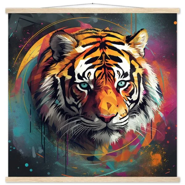 Tiger Colorful Abstract Art Print with Hanger - 70x70 cm / 28x28″, Natural wood wall hanger