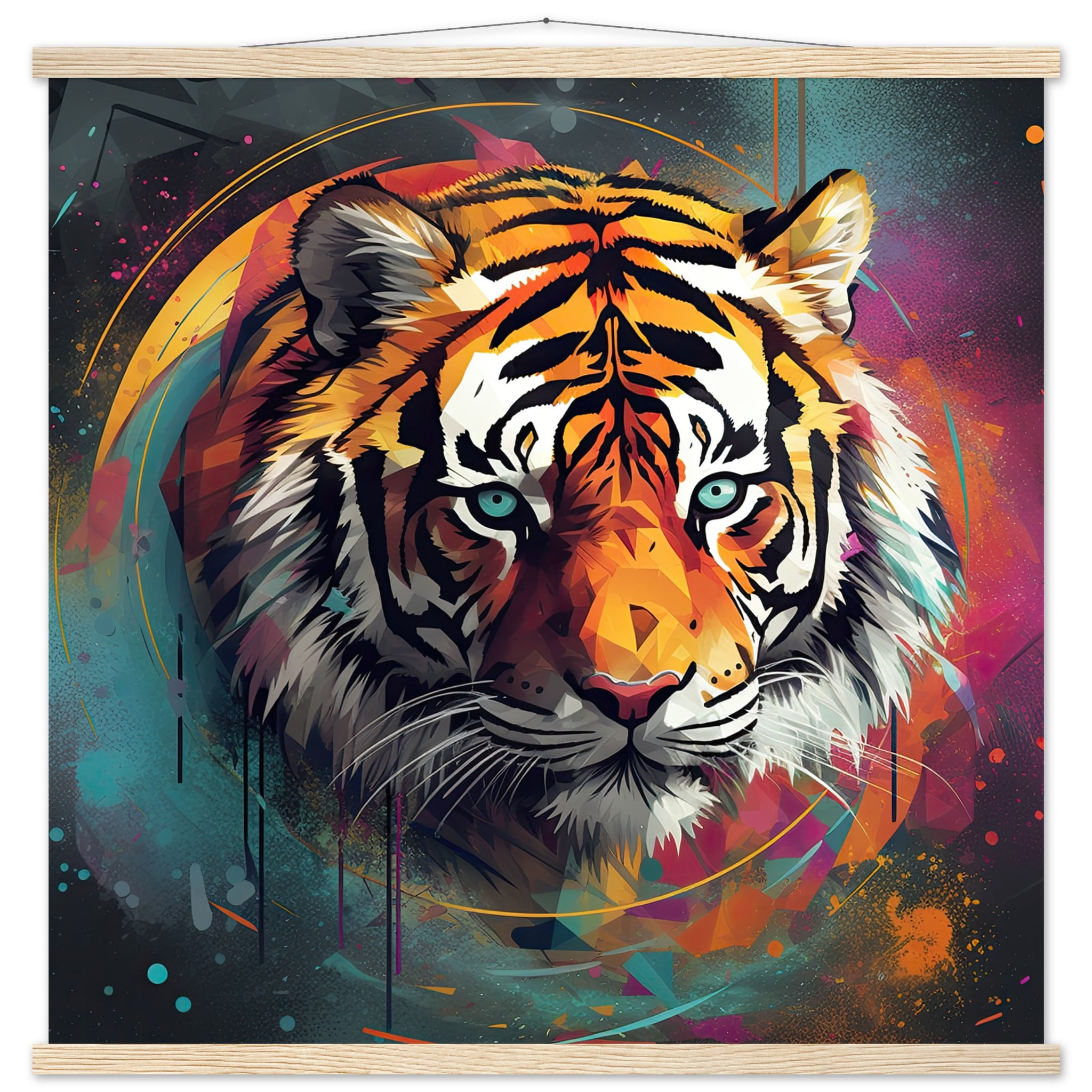 Tiger Colorful Abstract Art Print with Hanger – 70×70 cm / 28×28″, Natural wood wall hanger