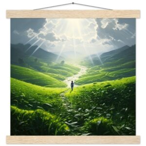 Daybreak - Fields of Green - Art Print with Hanger - 35x35 cm / 14x14″, Natural wood wall hanger