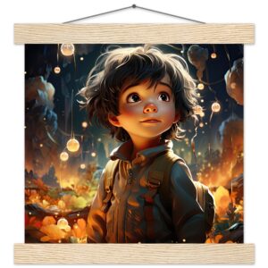 Enchanted World - Boy Adventurer - Art Print with Hanger - 25x25 cm / 10x10″, Natural wood wall hanger