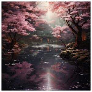 Secret Cherry Blossom Temple Art Poster - 50x50 cm / 20x20″