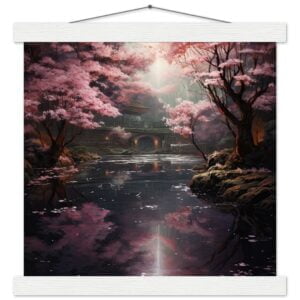 Secret Cherry Blossom Temple Art Print with Hanger - 30x30 cm / 12x12″, White wall hanger