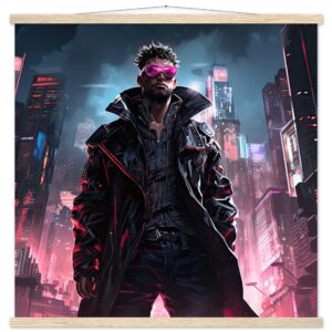 Cool Cyberpunk Dude Art Print with Hanger - 70x70 cm / 28x28″, Natural wood wall hanger