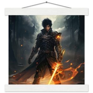 Male Anime Character - Flaming Sword - Art Print with Hanger - 25x25 cm / 10x10″, White wall hanger