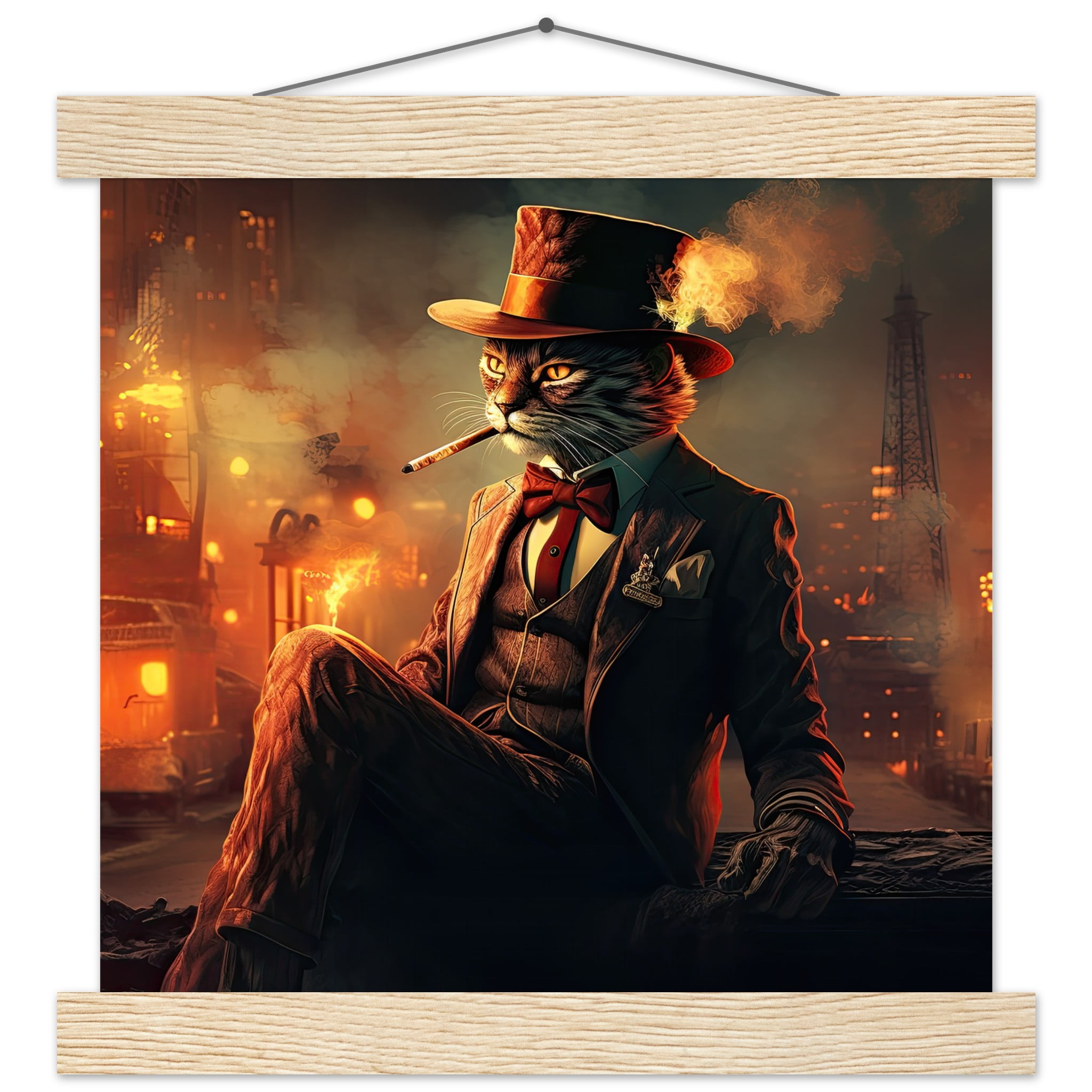Gangster Cat Cool Art Print with Hanger – 25×25 cm / 10×10″, Natural wood wall hanger