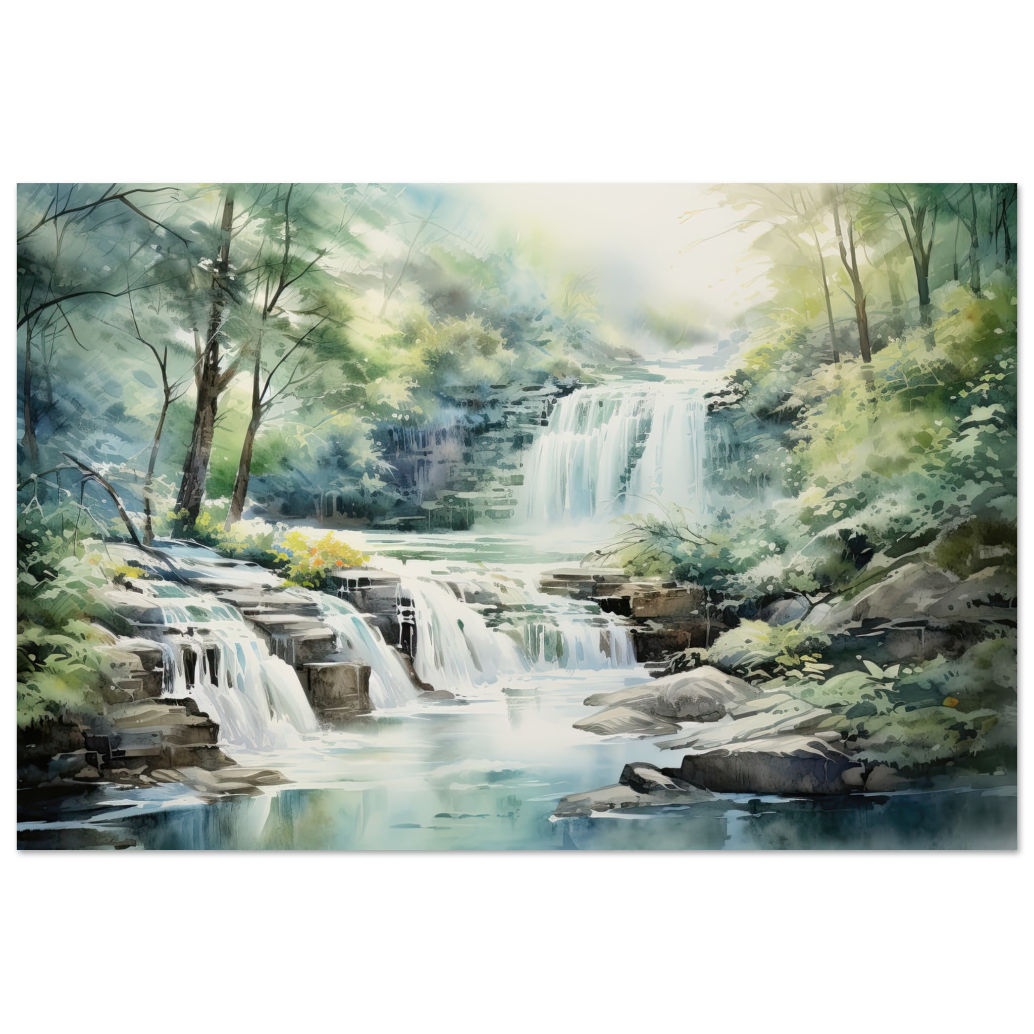 Serene Waterfall in Watercolor Art Poster – 60×90 cm / 24×36″
