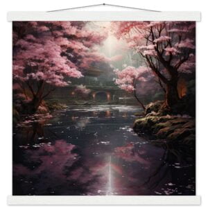 Secret Cherry Blossom Temple Art Print with Hanger - 45x45 cm / 18x18″, White wall hanger