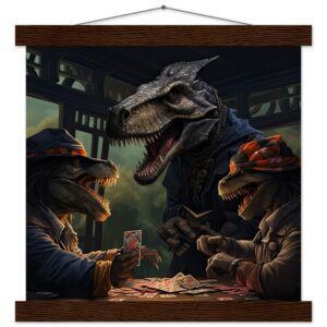 Tyrannosaurus Rex Poker Art Print with Hanger - 30x30 cm / 12x12″, Dark wood wall hanger
