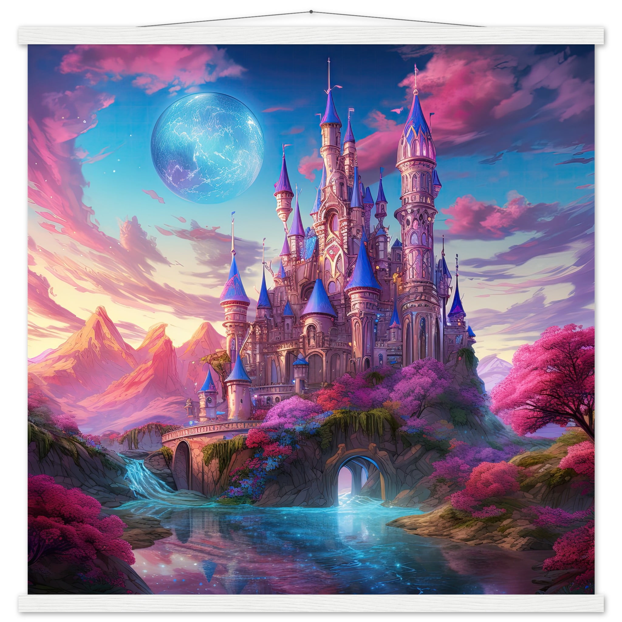 Colorful Fairy Tale Castle Art Print with Hanger – 70×70 cm / 28×28″, White wall hanger